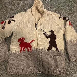 Vintage Hunting Cowichan 50s Hunter Dog Pheasant Sweater Cream Zip Cardigan Knit